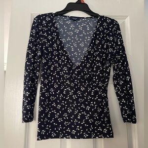Chaps Dark Blue Leaf Pattern Long Sleeve Top